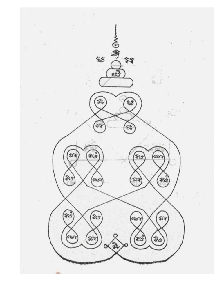 A body-form yantra built from three tiers of conjoined heart-shaped lobes, each lobe enclosing a Khom syllable.