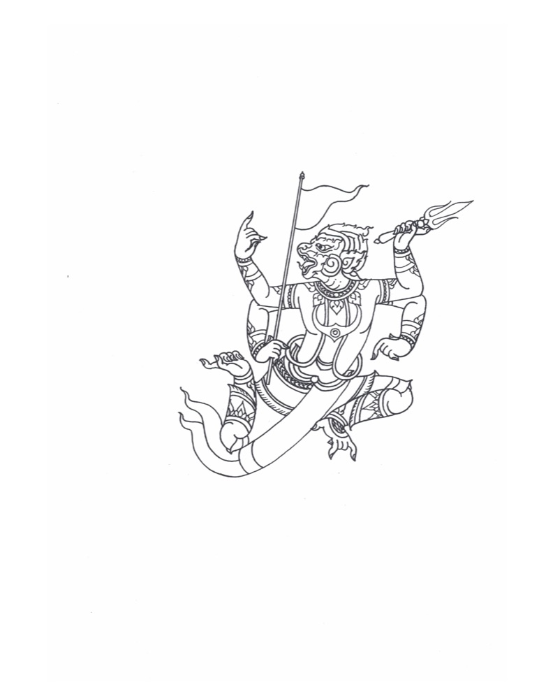 A sak yant stencil of Hanuman the white monkey-warrior in a leaping pose, trident raised, framed by incantation script.