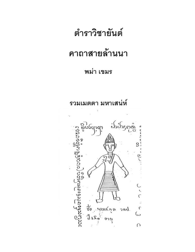 The title page of the Lanna lineage yantra treatise: a hand-drawn standing crowned figure in Thai-Lanna dress surrounded by Lanna Tham script, above blank fields for name, surname, birthdate and age.