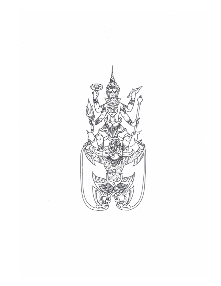 A sak yant stencil of a four-armed crowned deity — Phra Narai — standing astride Garuda, whose wings and talons spread below, framed by an arc of fine incantation script.