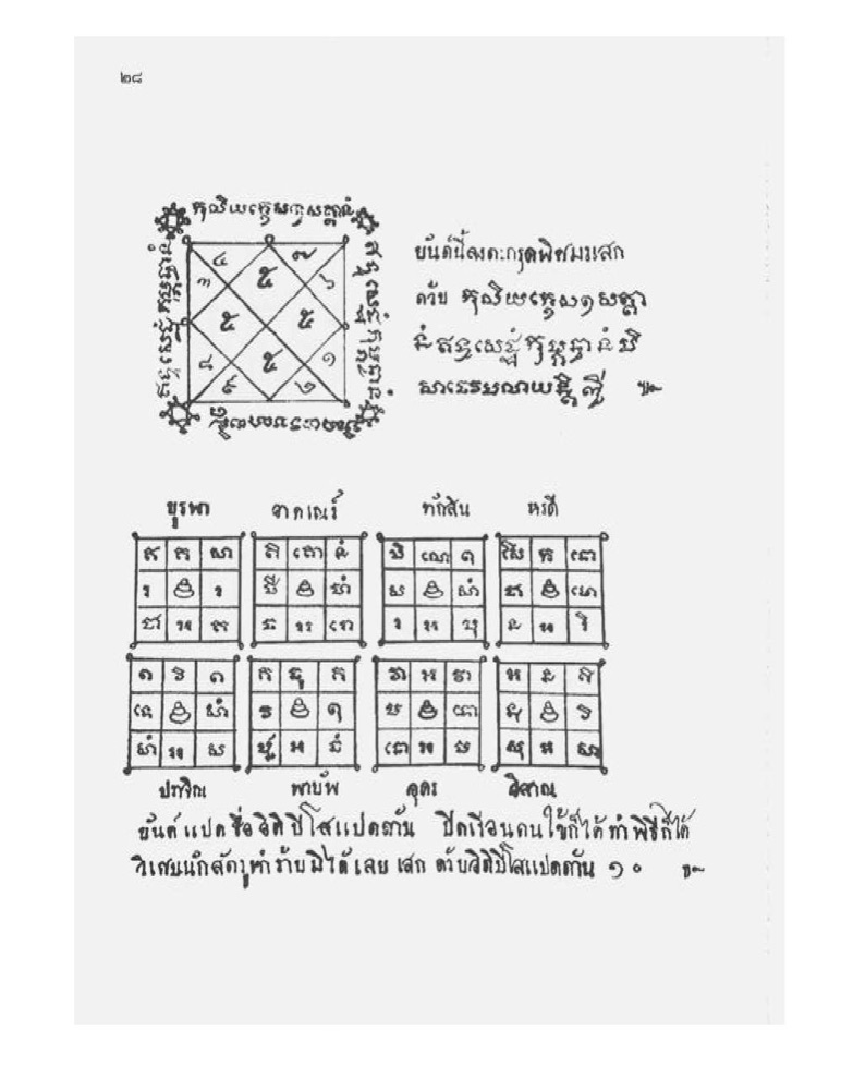 A page of the Phetcharat manual: a bell-shaped chedi yantra with a three-by-three number grid at its crown and tiers of Khom script below, beside small squares assigned to the eight directions.